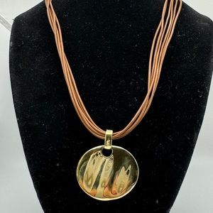 Vtg Monet Necklace with Modern Gold Disc Pendant and Multi Strand Leather Chain